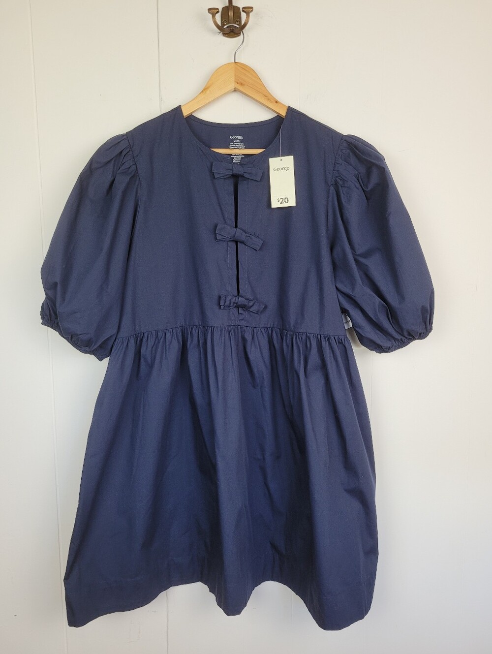 George XL Navy Cotton Puff Sleeve Bow Tie Short Dress NWT